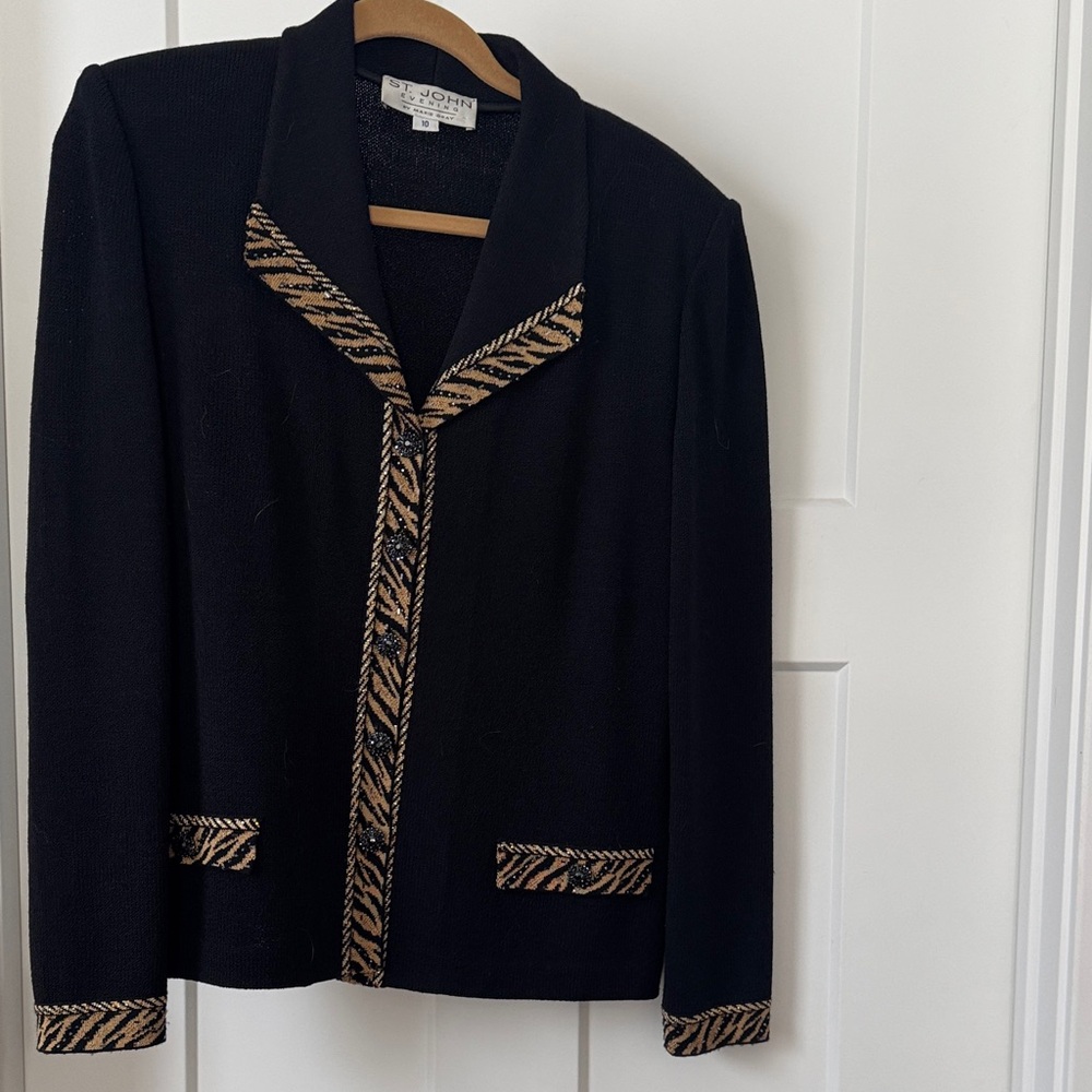 St. John Black Blazer with Zebra Print Accents. Christmas, Holiday wear.